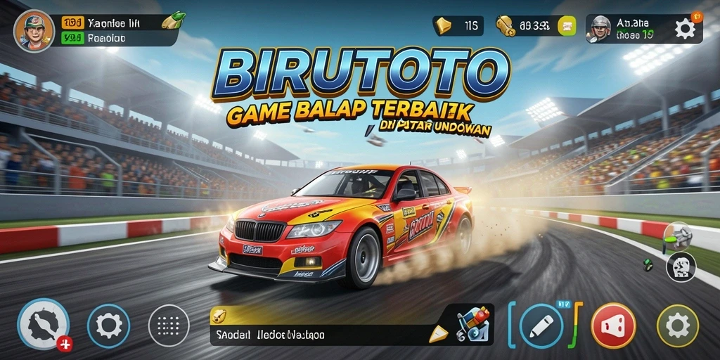 Screenshot gameplay BIRUTOTO menampilkan mobil balap di lintasan yang menegangkan.