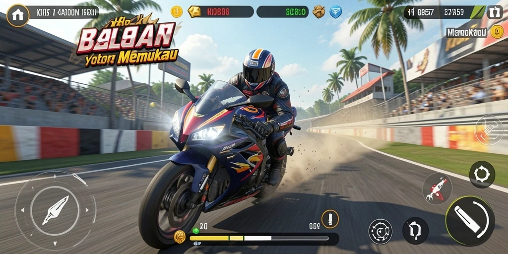Tangkapan layar utama KO857 menampilkan aksi balapan motor yang mendebarkan.