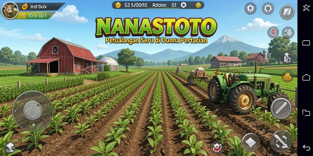 Screenshot gameplay NANASTOTO dengan pertanian yang subur dan aktivitas bertani.