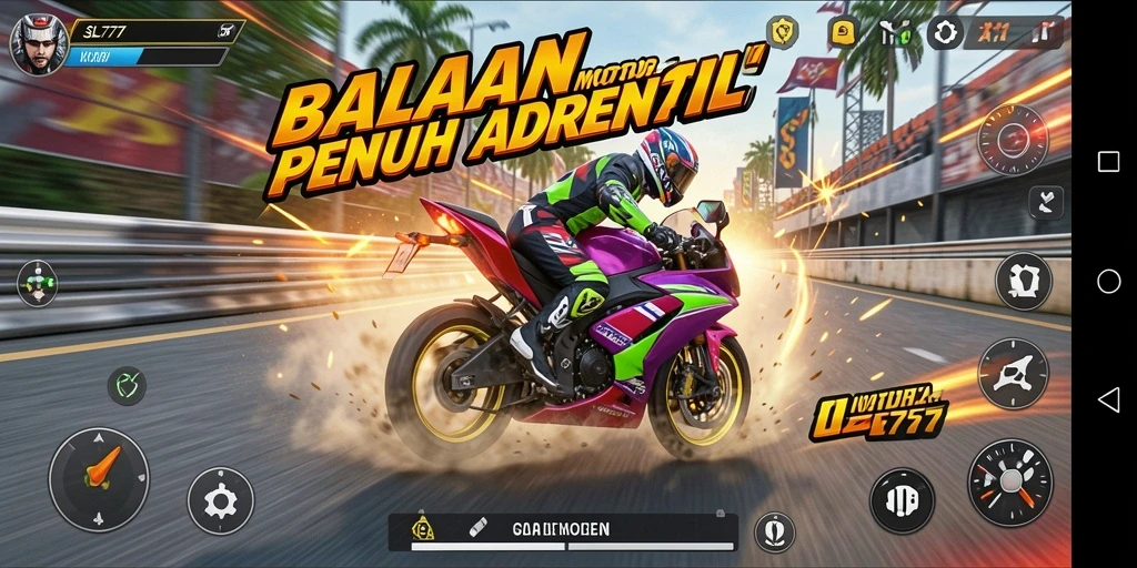 Screenshot SL777 menampilkan aksi balapan motor yang mendebarkan.